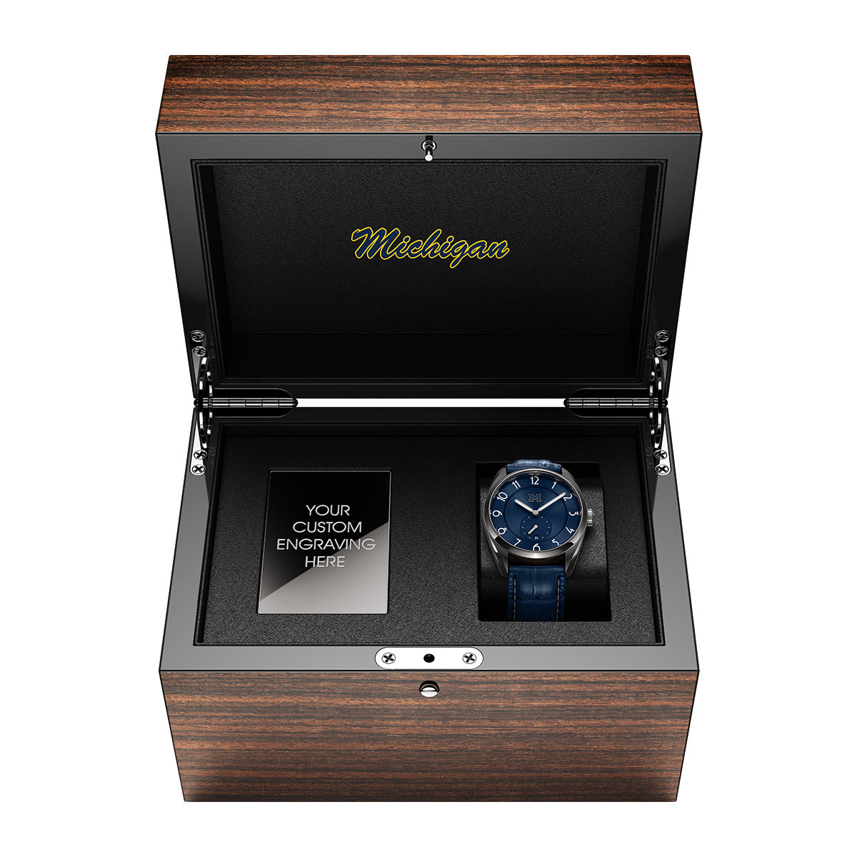 Wood display box for the university of Michigan swiss made automatic watches. Featuring the Sofia with blue genuine alligator strap.