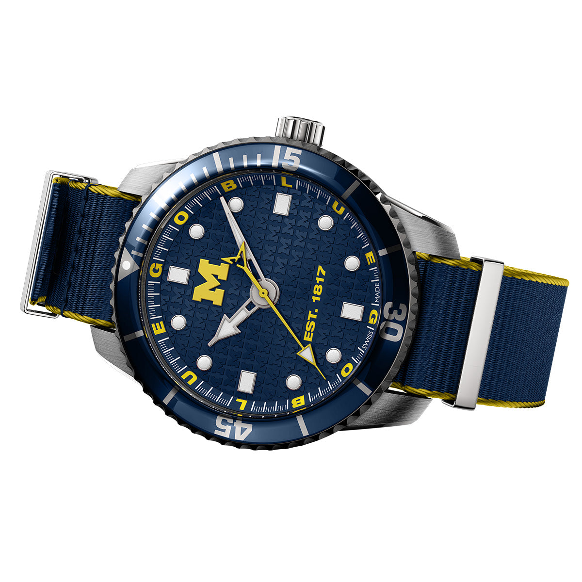 University of Michigan Odysseus swiss made automatic watch. Table view with NATO strap.