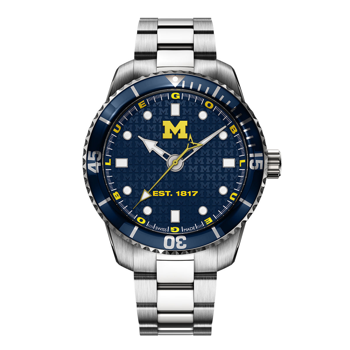 University of Michigan Odysseus swiss made automatic watch. Front view with stainless steel bracelet.