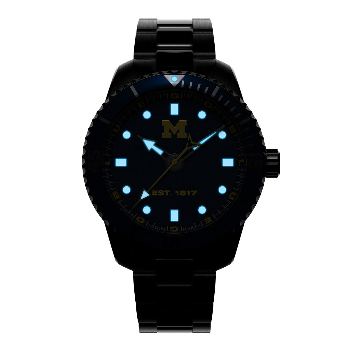 University of Michigan Odysseus swiss made automatic watch. Lume view (glow in the dark).