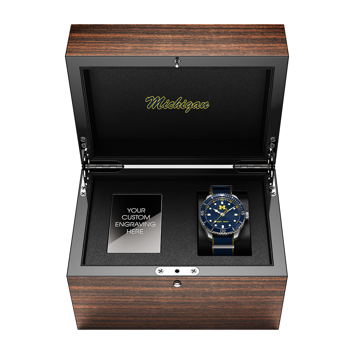 Wood display box for the university of Michigan swiss made automatic watches. Featuring the Odysseus with NATO strap.