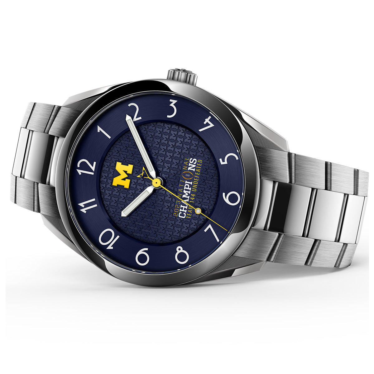 Michigan 2023 National Champions Stainless Steel Kairos II CFP 2024 swiss made automatic watch. Stainless steel bracelet. Table view.