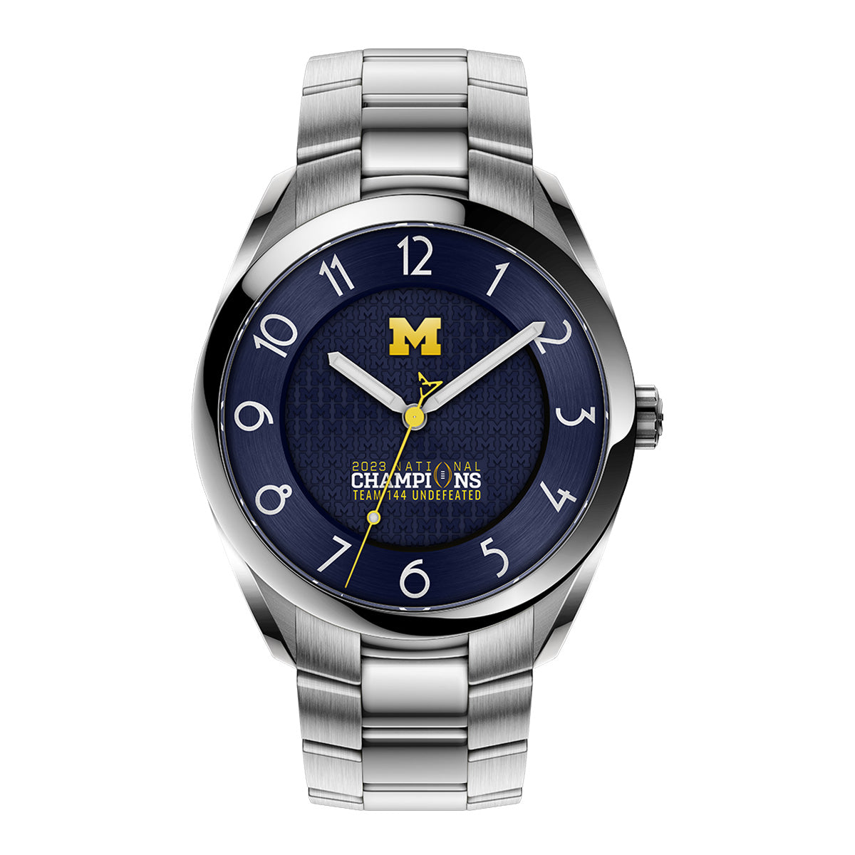 Michigan 2023 National Champions Stainless Steel Kairos II CFP 2024 swiss made automatic watch. Stainless steel bracelet. Dial zoom view.