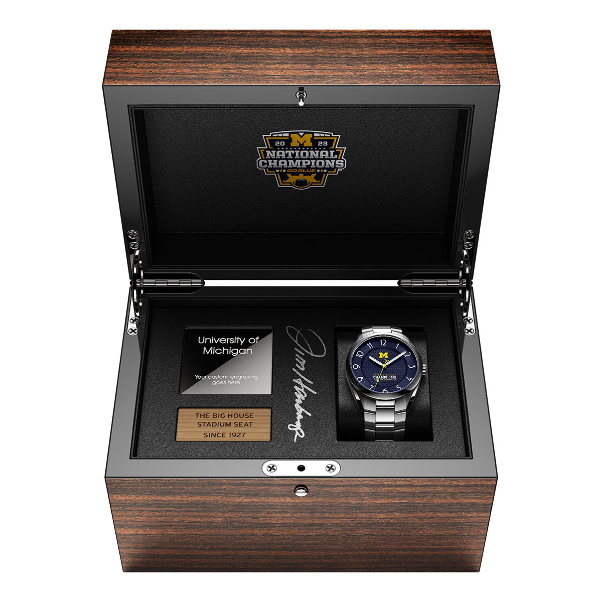 Wood display box signed by Jim Harbaugh featuring the Michigan 2023 National Champions Stainless Steel Kairos CFP 2024 swiss made automatic watch. Stainless steel bracelet.