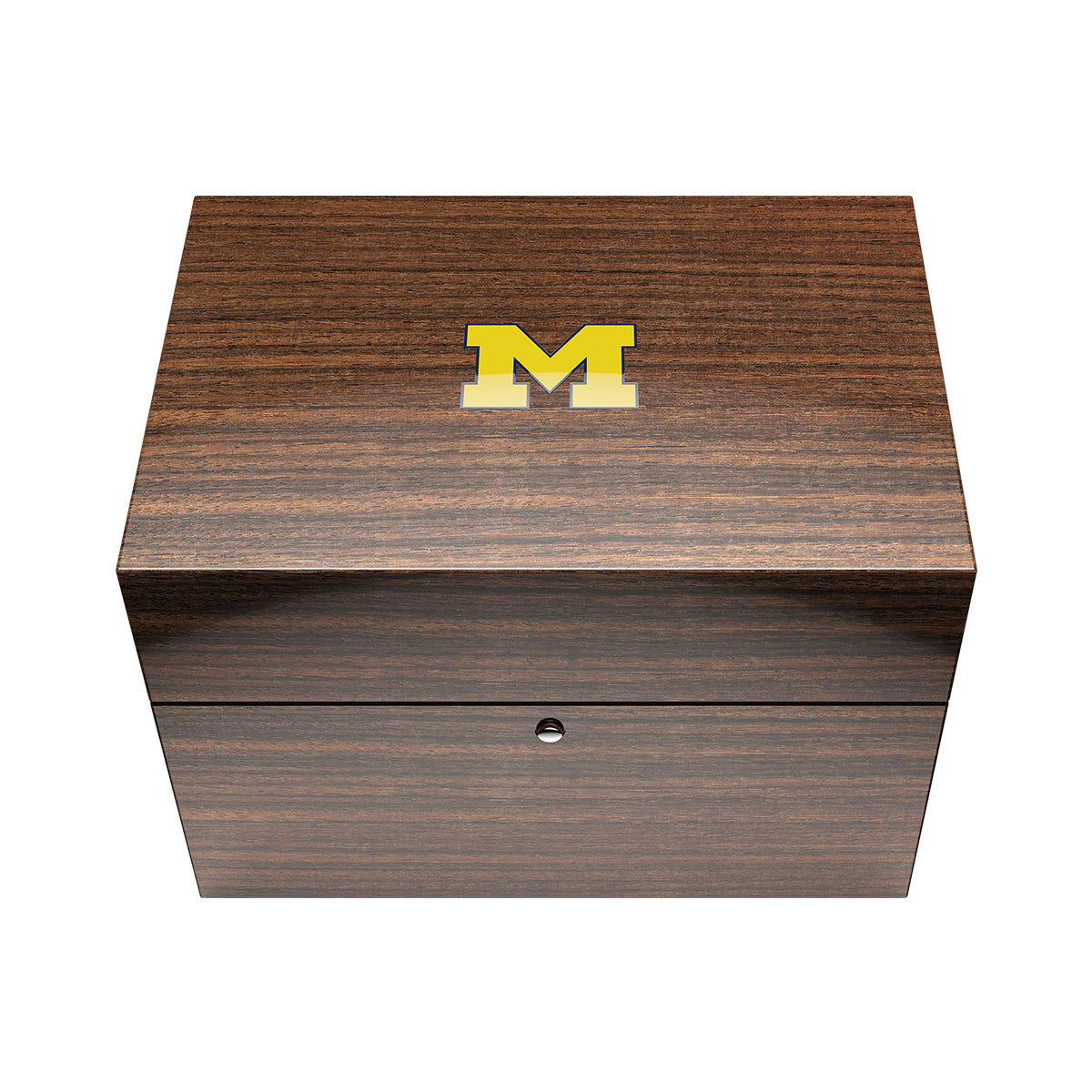 Wood display box for the university of Michigan swiss made automatic watches. Closed view.