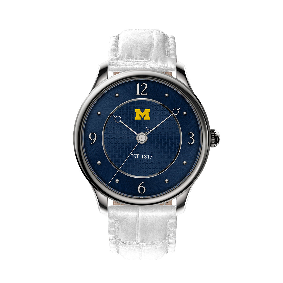 University of Michigan aletheia swiss made automatic timepiece. Front view with white leather strap.