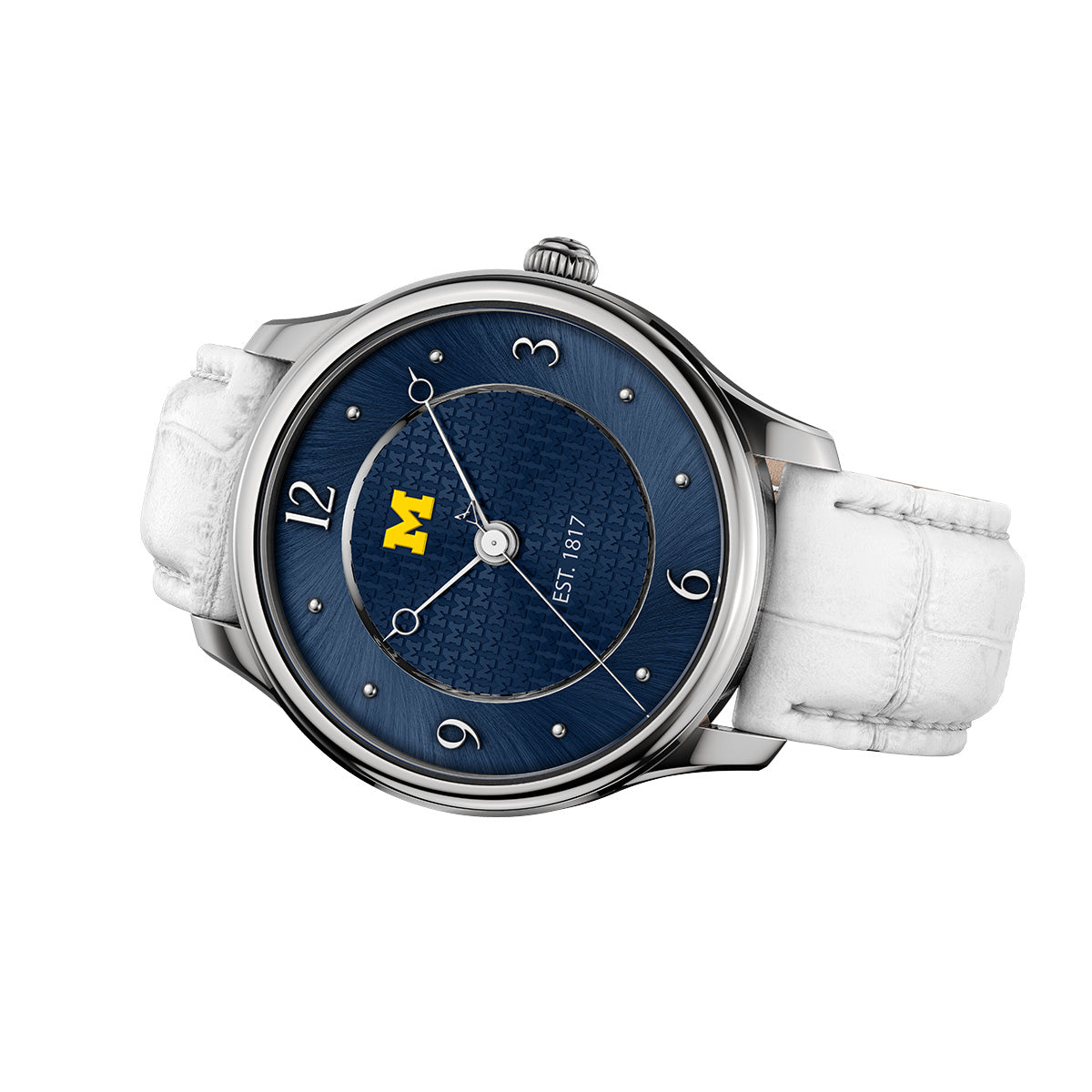 University of Michigan aletheia swiss made automatic timepiece. Table view with white leather strap.