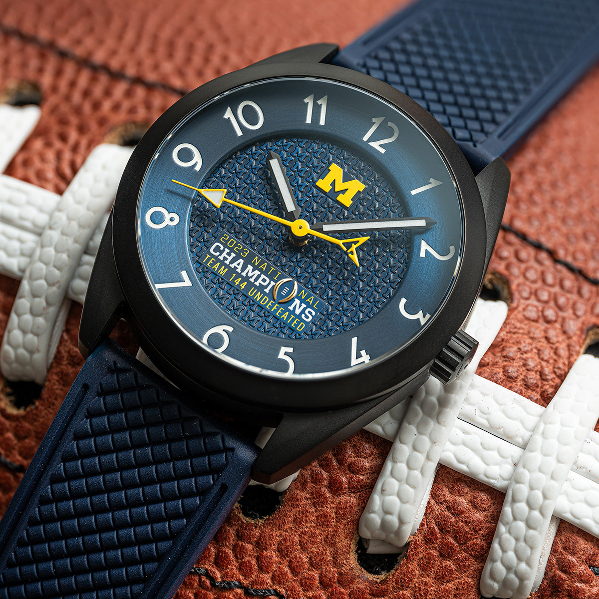 Michigan 2023 National Champions Black PVD Kairos II CFP 2024 swiss made automatic watch. Rubber strap on football.