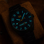 Michigan 2023 National Champions Black PVD Kairos II CFP 2024 swiss made automatic watch. Black PVD bracelet. Lume view (glow in the dark).