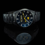 Michigan 2023 National Champions Black PVD Kairos II CFP 2024 swiss made automatic watch. Black PVD bracelet. Mirror table view.