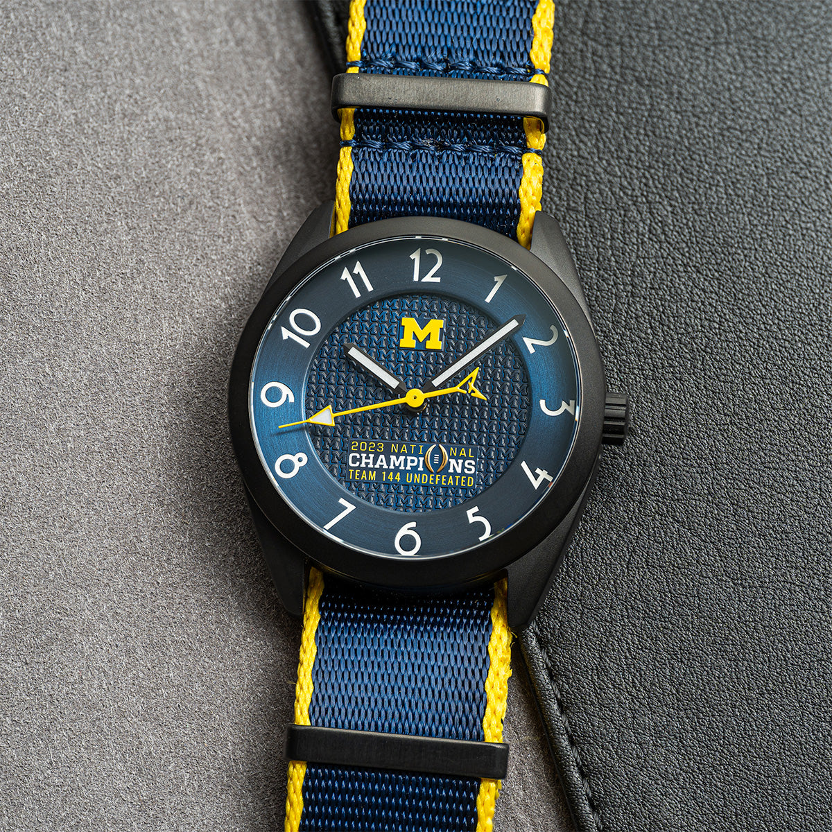 Michigan 2023 National Champions Black PVD Kairos II CFP 2024 swiss made automatic watch. NATO strap on leather pouch.