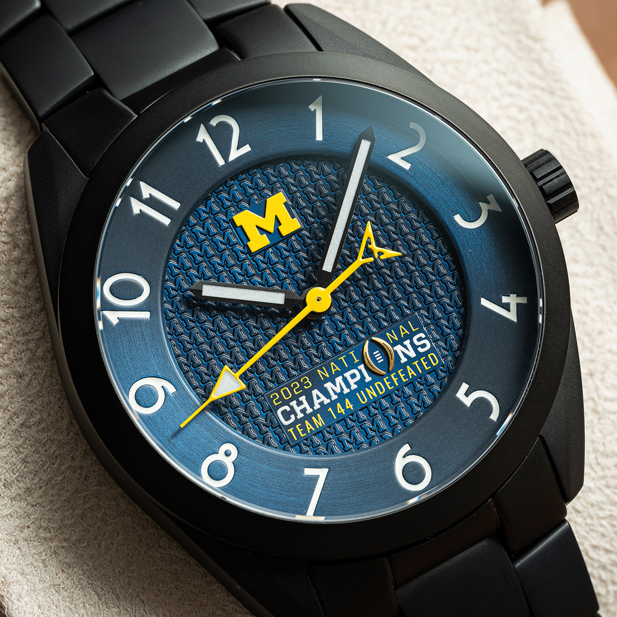 Michigan 2023 National Champions Black PVD Kairos II CFP 2024 swiss made automatic watch. Black PVD bracelet. Dial zoom view.