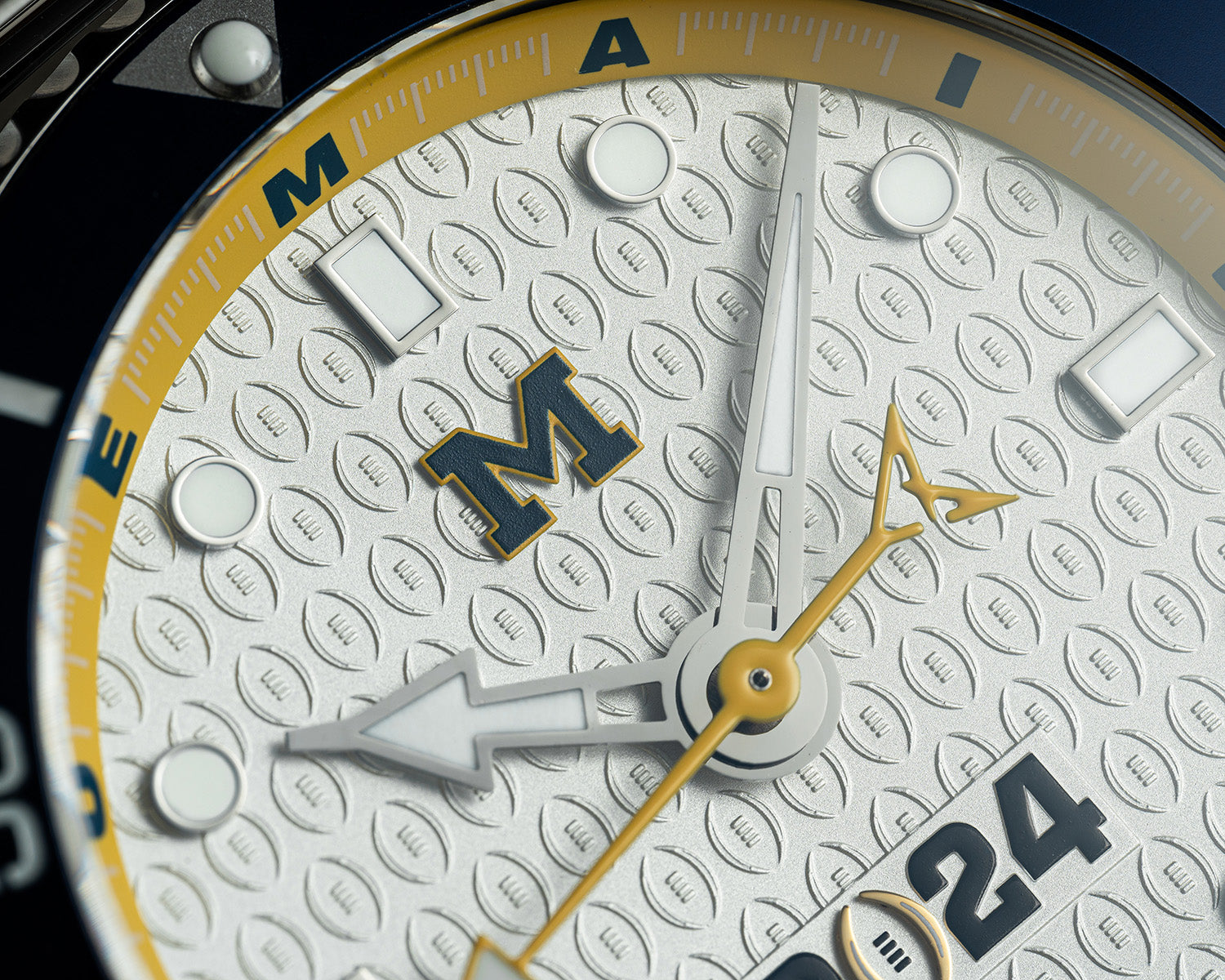 CFP 2024 Michigan Wolverines Odysseus swiss made automatic watch. Close up of the dial.