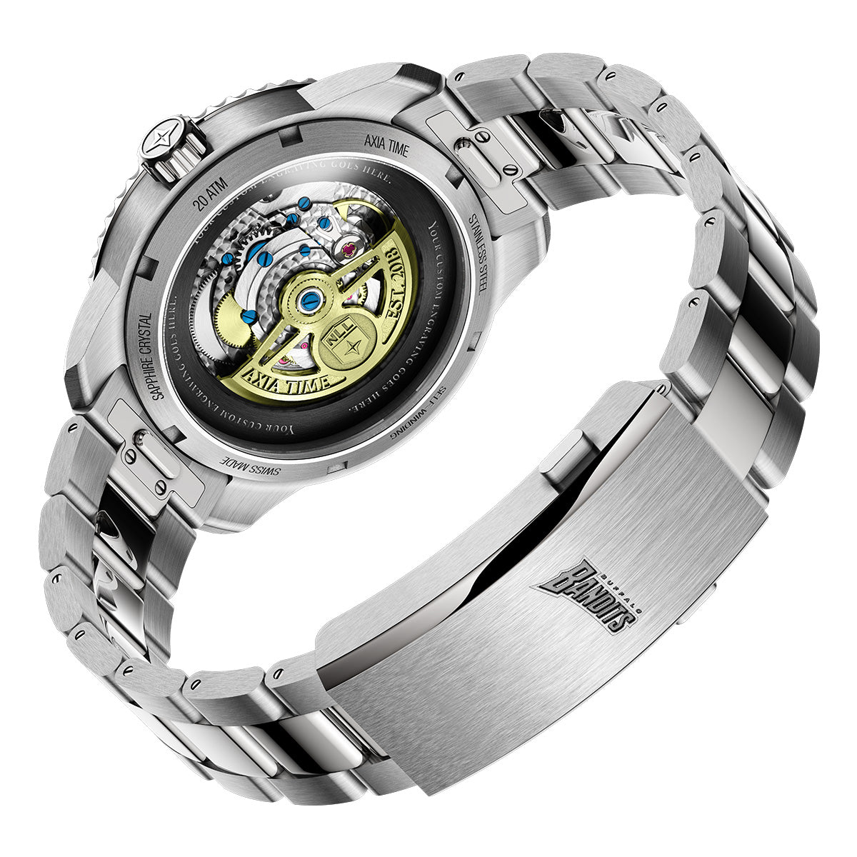 Buffalo Bandits 2024 NLL Champions Odysseus swiss made automatic watch.  Exhibition case open back view. Stainless steel bracelet with embossed Bandits logo.