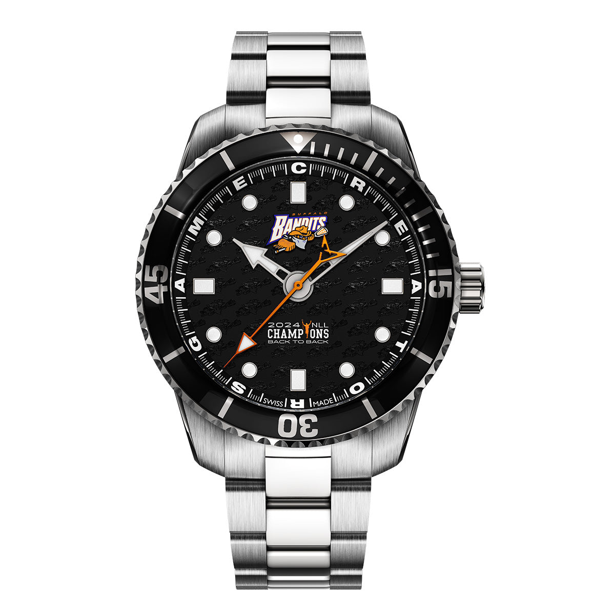 Buffalo Bandits 2024 NLL Champions Odysseus swiss made automatic watch. Front view.