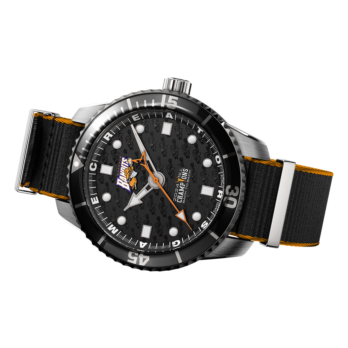 Buffalo Bandits 2024 NLL Champions Odysseus swiss made automatic watch.  Table view with NATO strap.