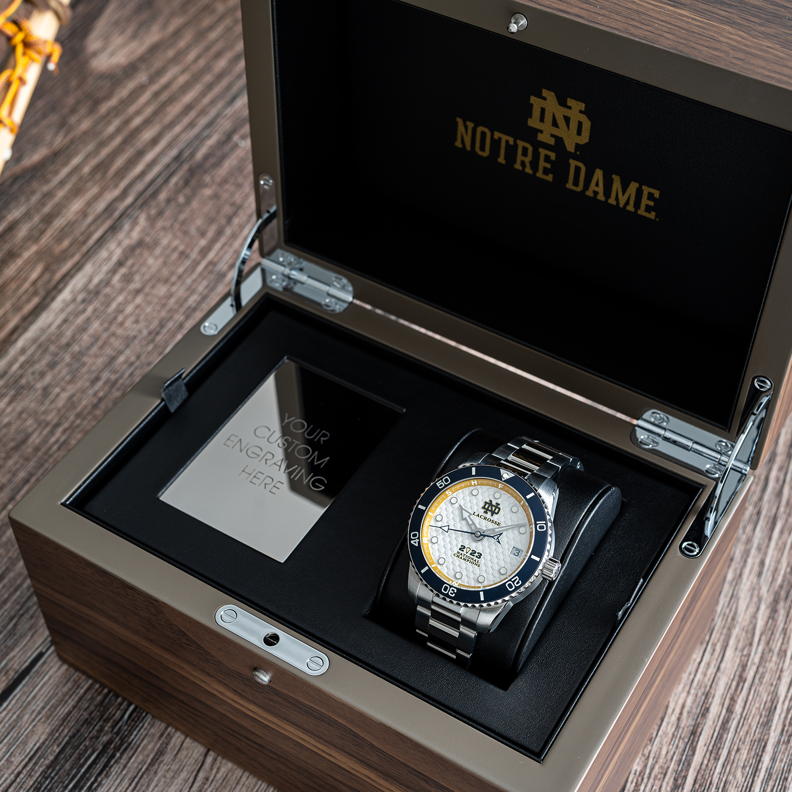 display box with Notre Dame Lacrosse 2023 Champions swiss made automatic watch