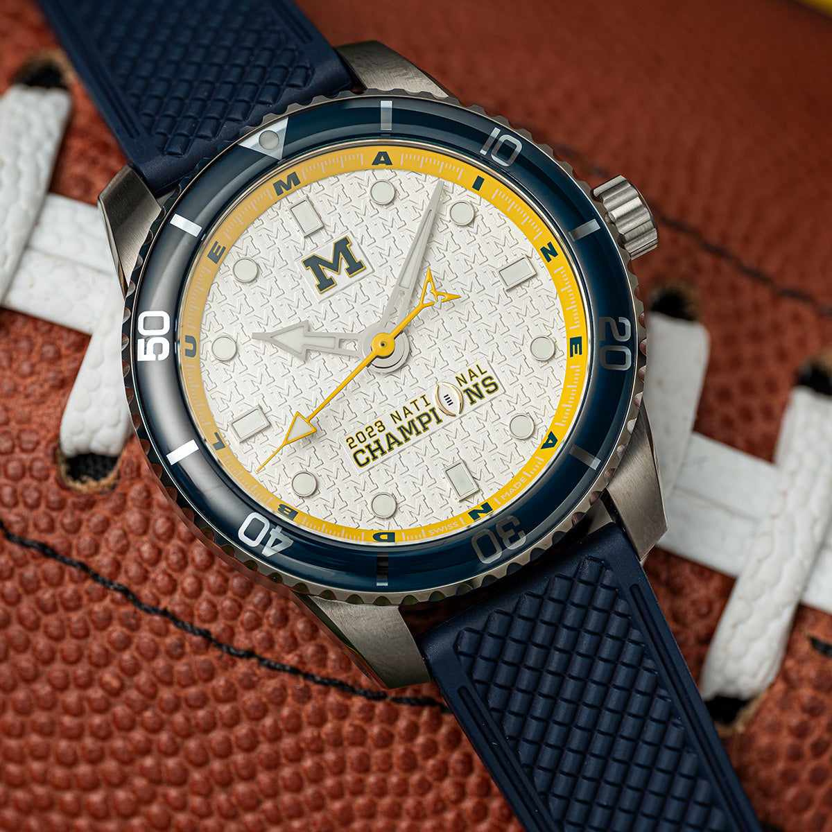 Michigan 2023 National Champions Odysseus CFP 2024 swiss made automatic watch. Blue rubber strap.