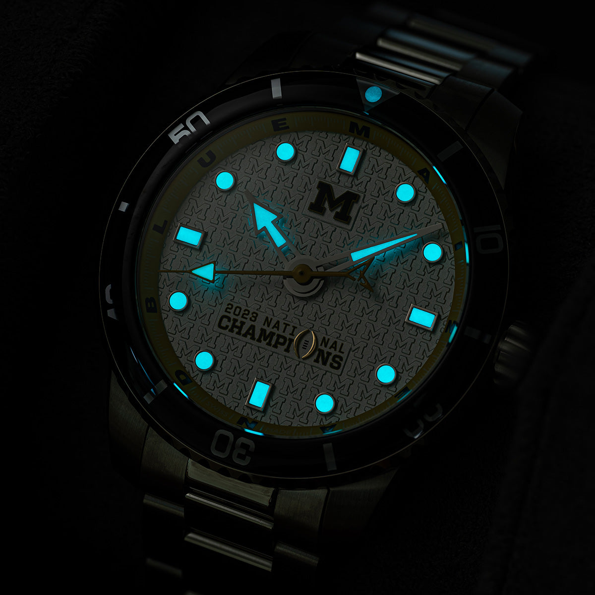 Michigan 2023 National Champions Odysseus CFP 2024 swiss made automatic watch. Lume view (glow in the dark).