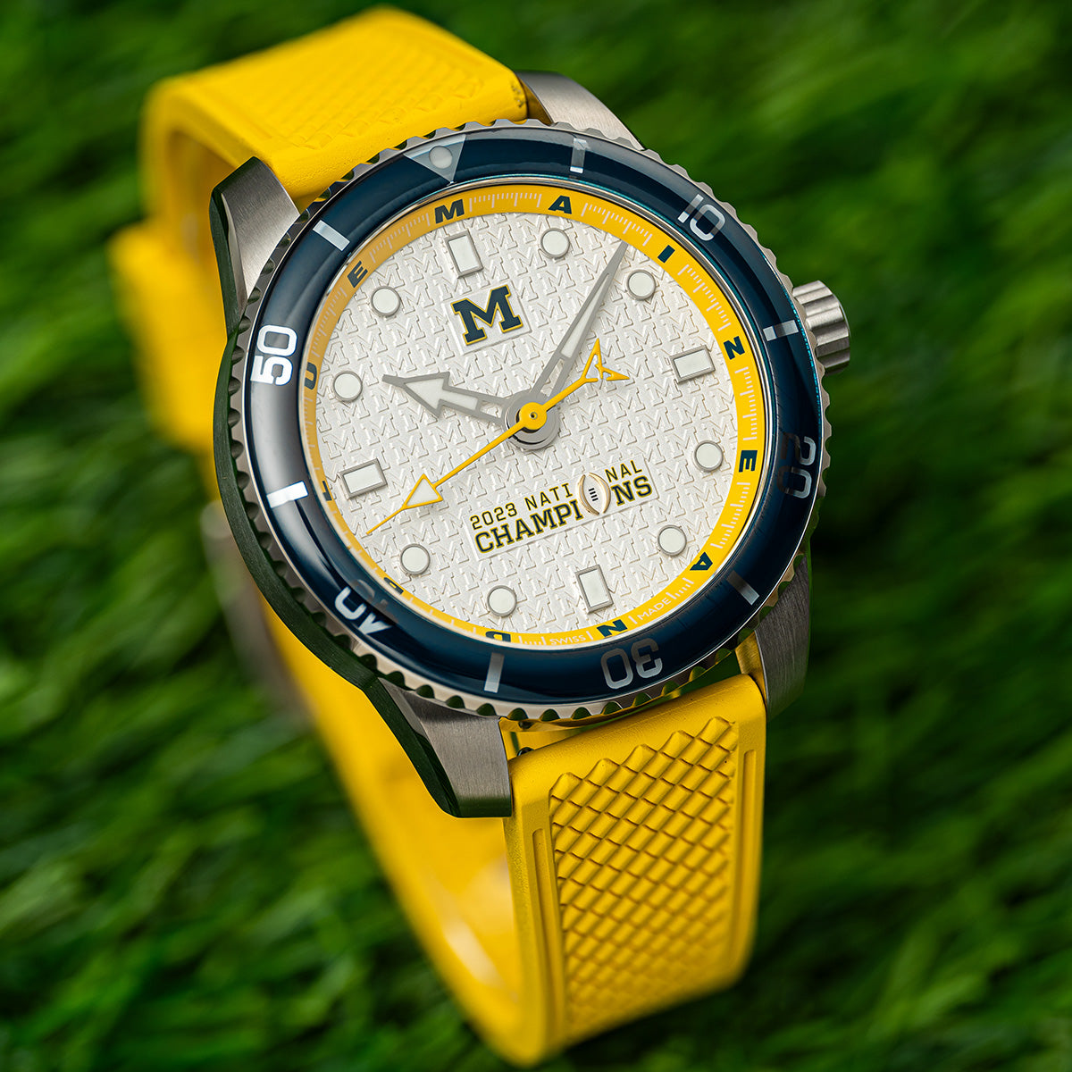 Michigan 2023 National Champions Odysseus CFP 2024 swiss made automatic watch. Yellow rubber strap.