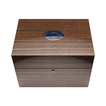 Penn State University Swiss Made Automatic Watch. Wood display box closed view.