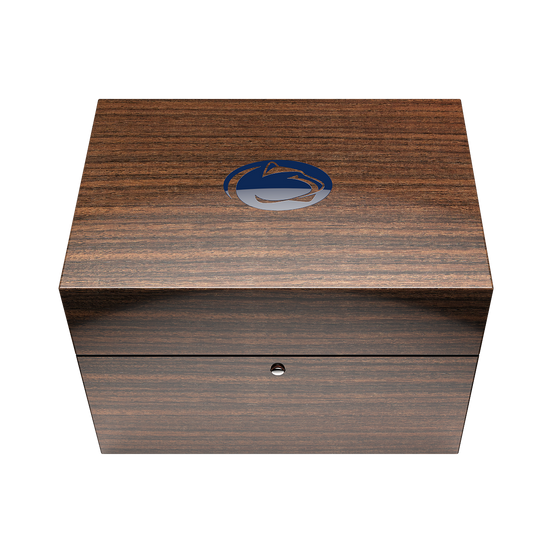 Penn State University Swiss Made Automatic Watch. Wood display box closed view.