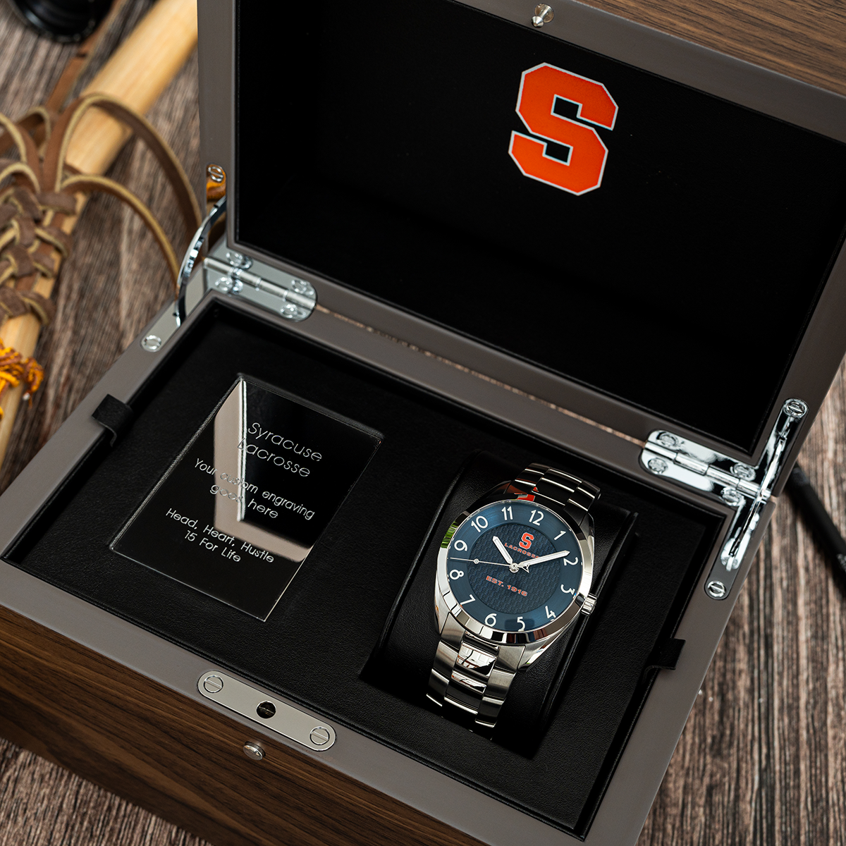 Syracuse lacrosse Swiss made automatic watch. Display box with steel bracelet.