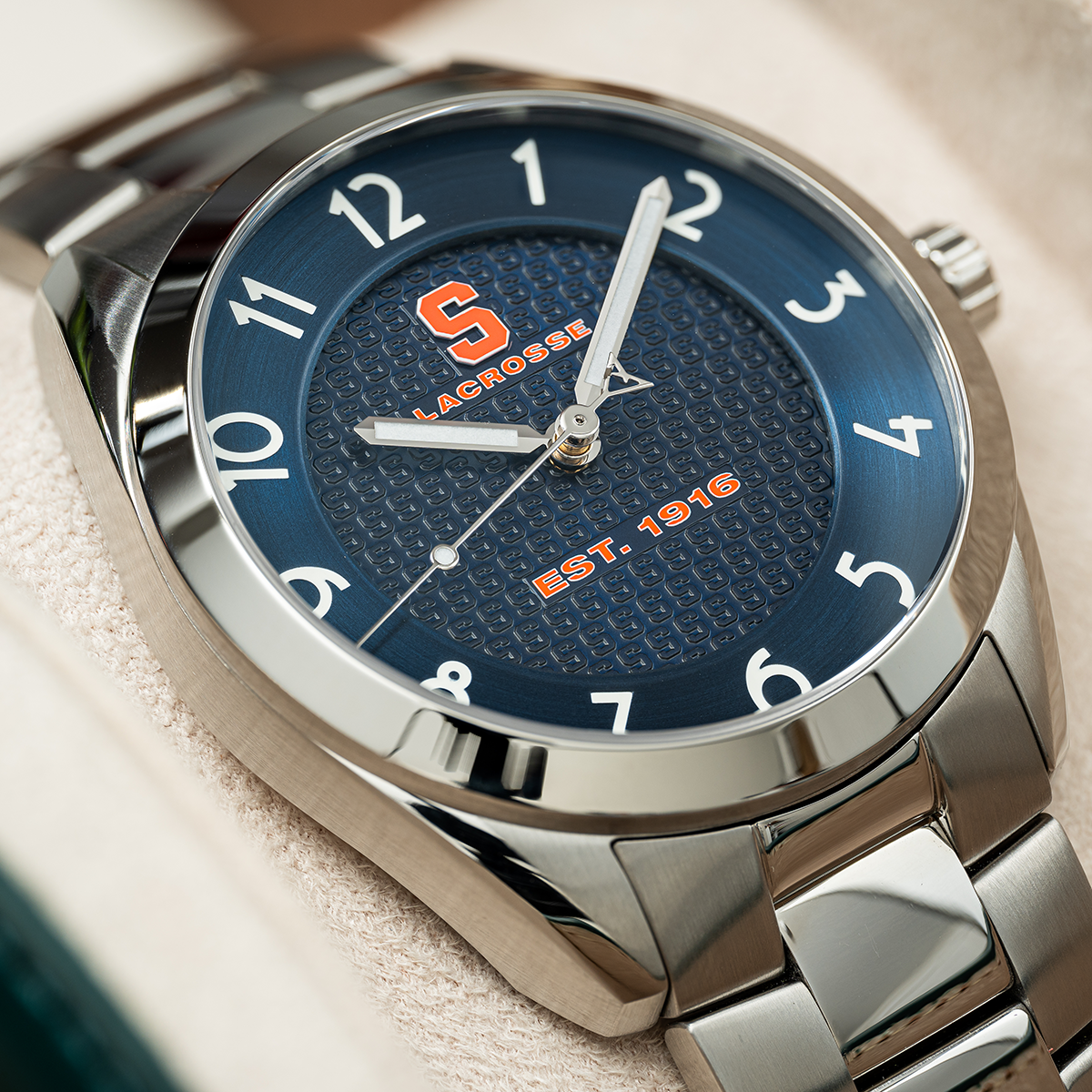 Syracuse lacrosse Swiss made automatic watch. Front view with steel bracelet.