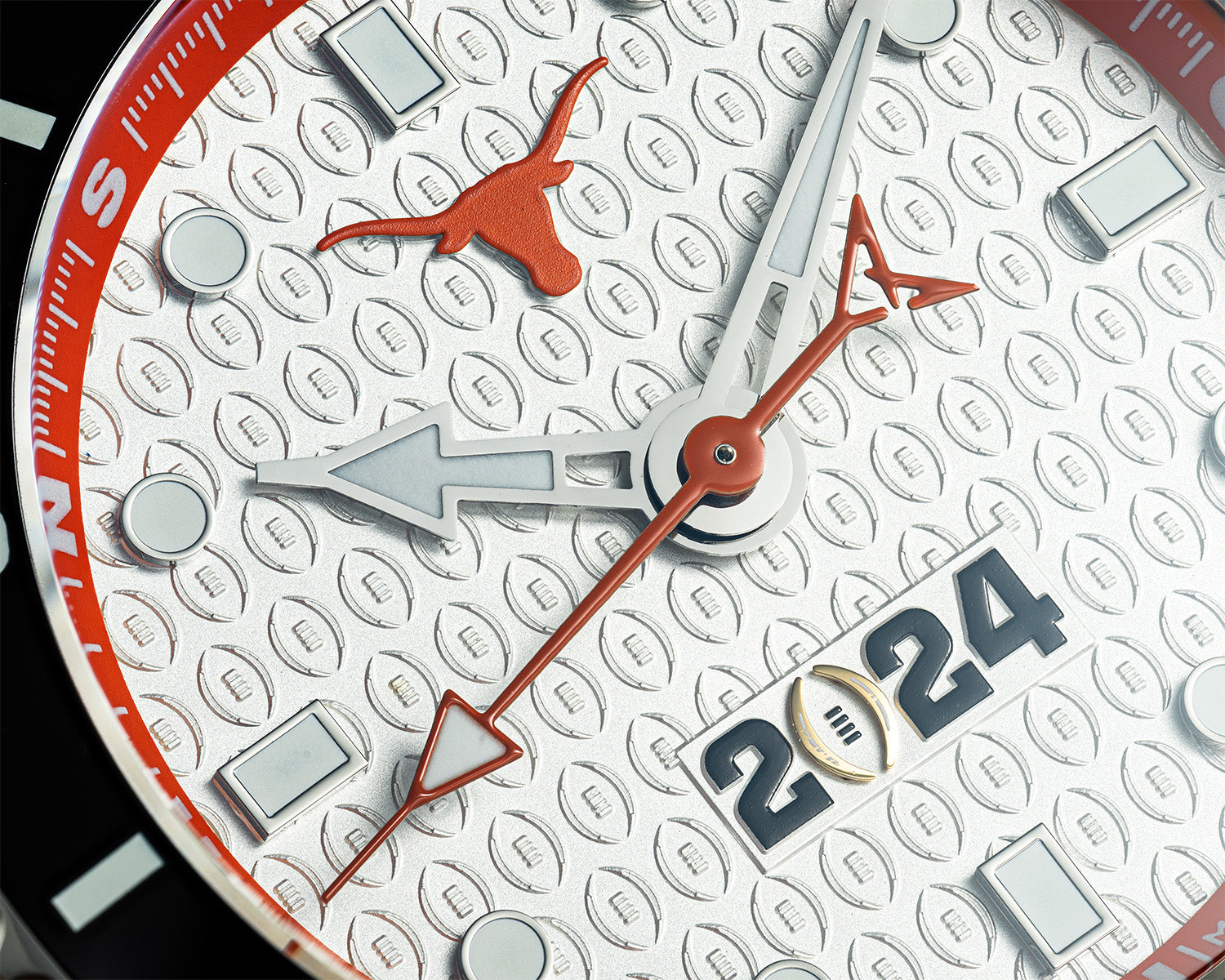 CFP 2024 Texas Longhorns Odysseus swiss made automatic watch. Closeup of dial.