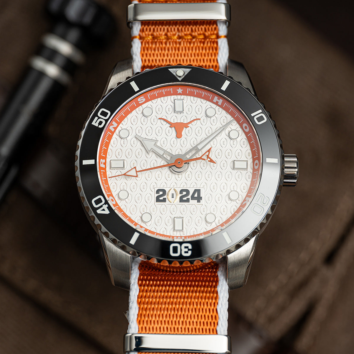 CFP 2024 Texas Longhorns Odysseus swiss made automatic watch. NATO Strap.