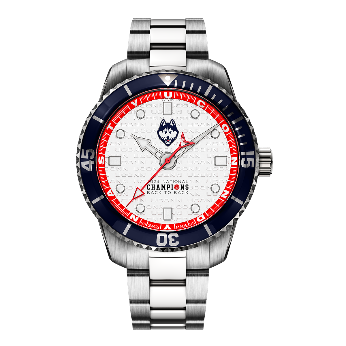 UCONN 2024 National Champions Swiss made automatic watch. Back to back champions. Front view.