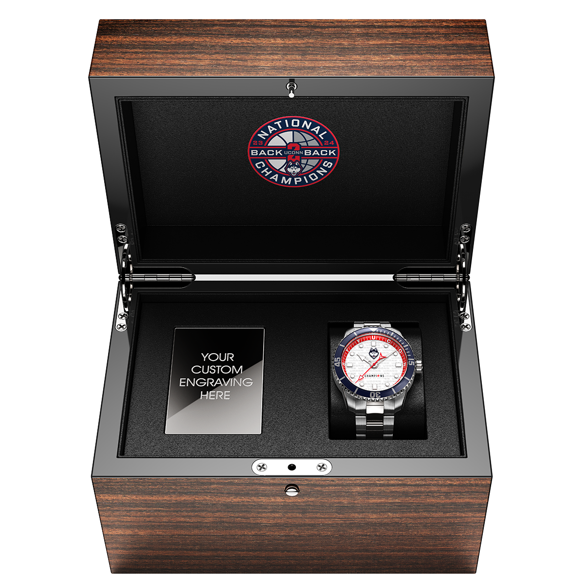UCONN 2024 National Champions Swiss made automatic watch. Back to back champions. Wood display box, open.