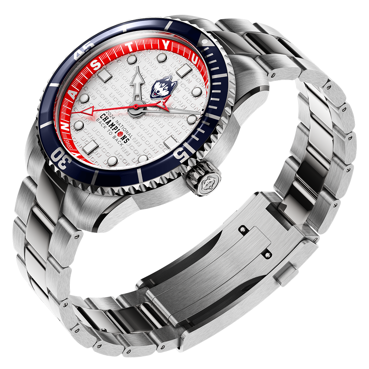 UCONN 2024 National Champions Swiss made automatic watch. Back to back champions. Three Quarter view.