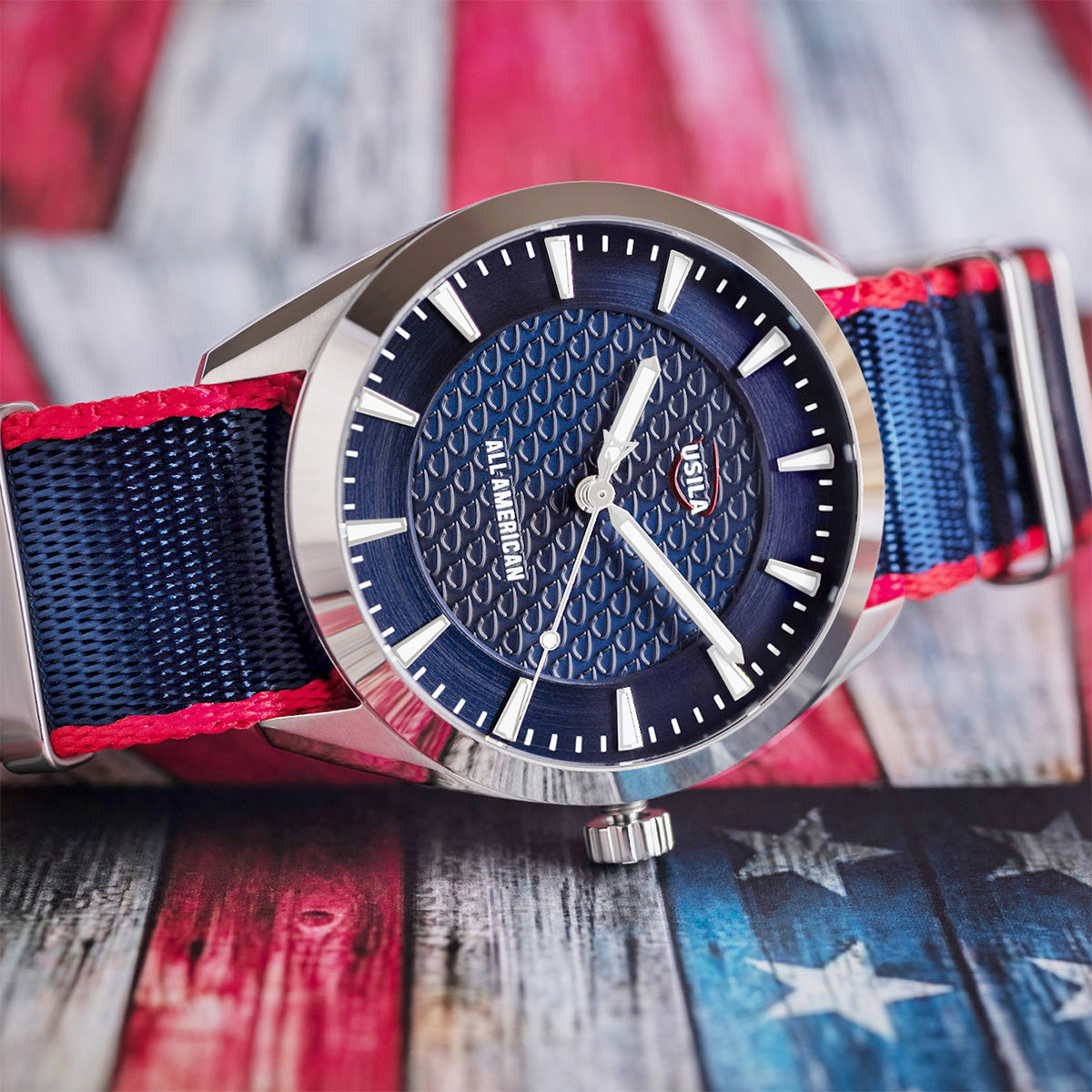 USILA All American Kairos II Swiss made automatic watch. Table view NATO strap.
