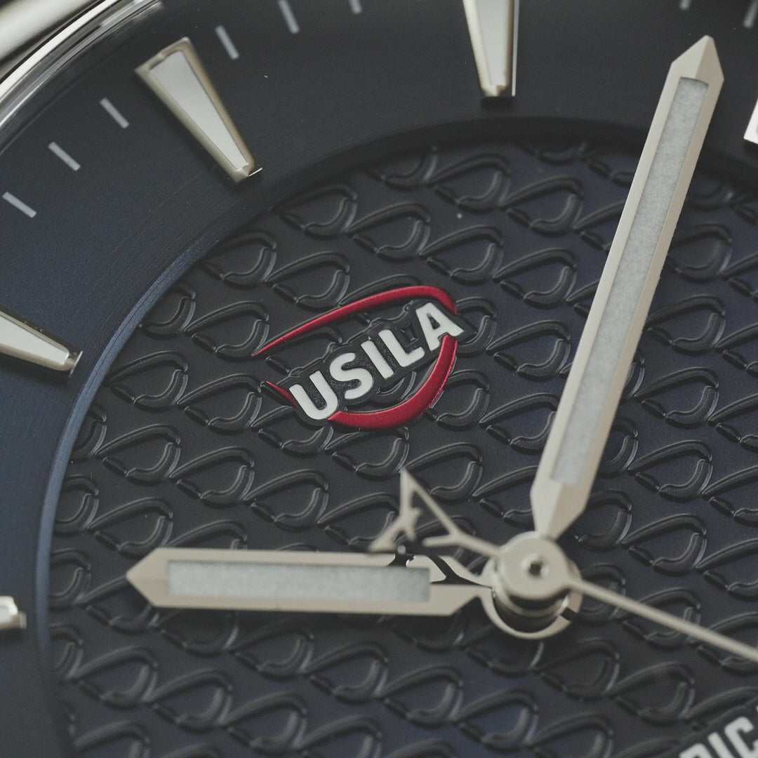 Video of USILA All American Kairos II Swiss made automatic watch showing multiple angles, movement, straps.